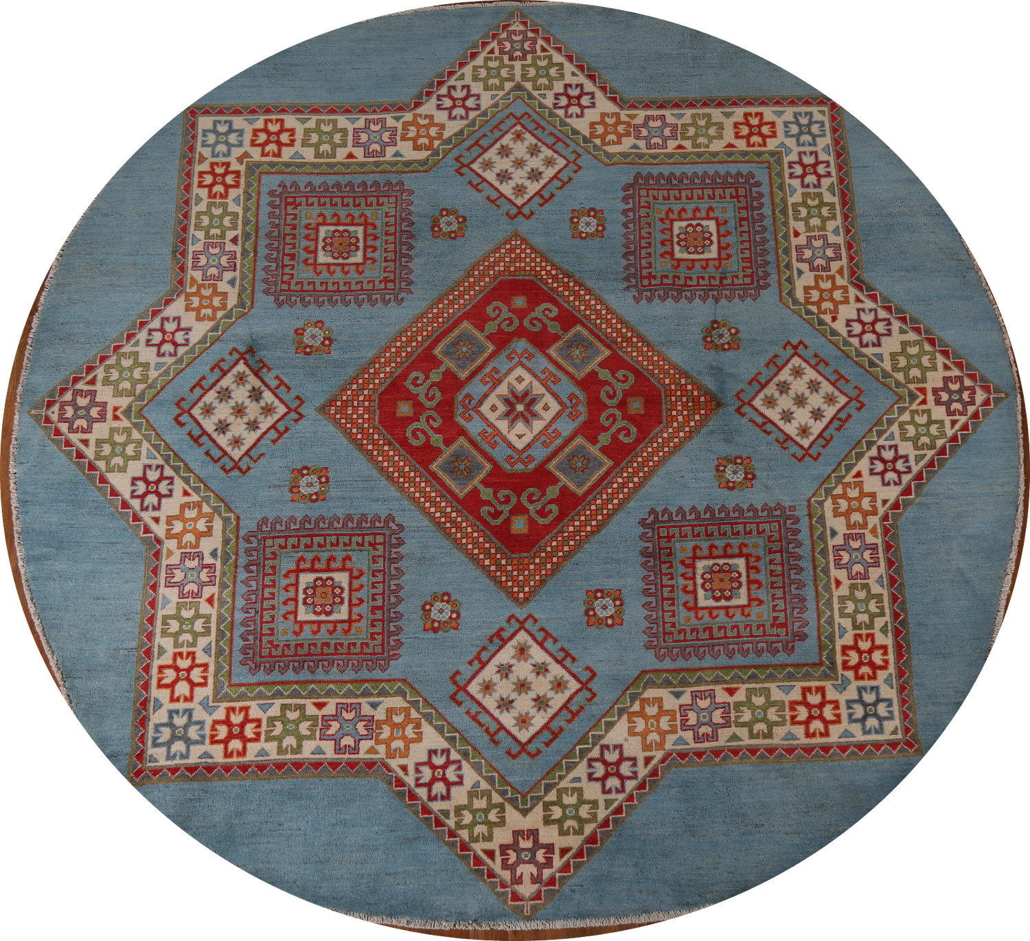 Light Blue Geometric Kazak Round Area Rug 8x8