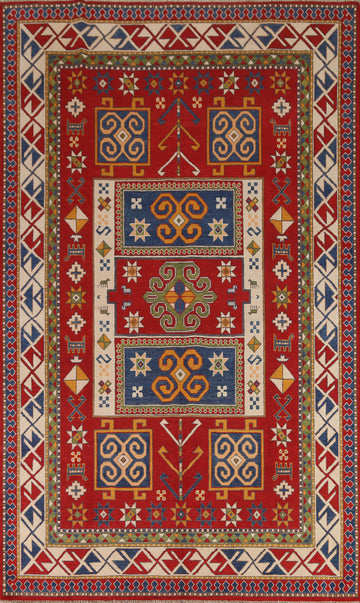 Geometric Red Kazak Handmade Area Rug 7x10