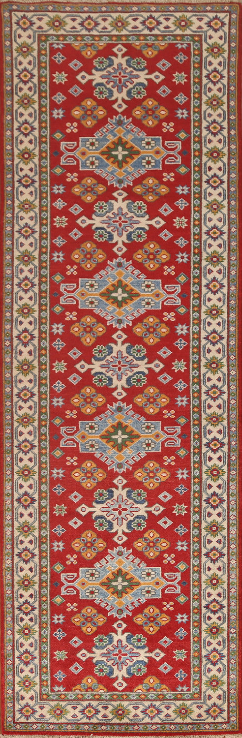 Geometric Red Kazak Oriental Runner Rug 3x10