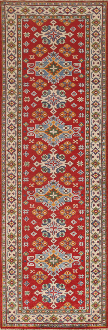Geometric Red Kazak Oriental Runner Rug 3x10