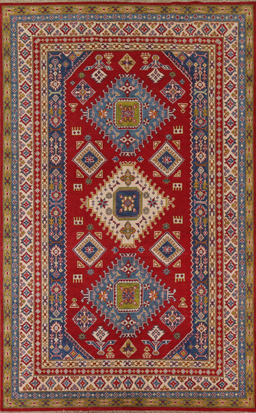 Red Geometric Kazak Oriental Area Rug 7x10