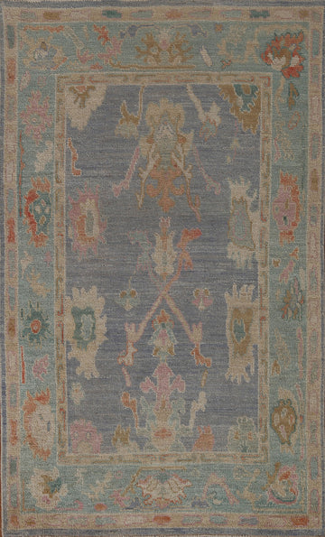 Blue Floral Oushak Vegetable Dye Area Rug 4x6
